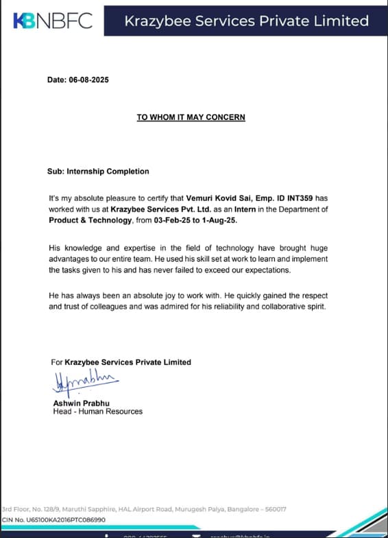 Verified degree or teaching certification of Kovid Sai 