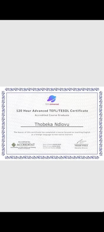 Verified degree or teaching certification of Thobeka  