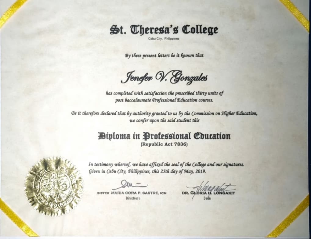 Verified degree or teaching certification of Jenefer 