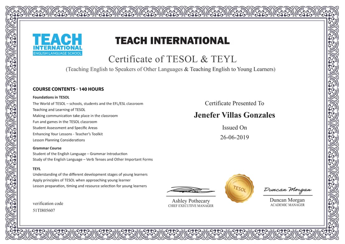 Verified degree or teaching certification of Jenefer 