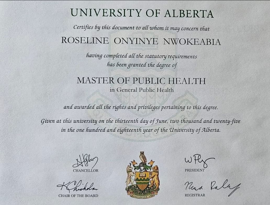 Verified degree or teaching certification of Roseline  