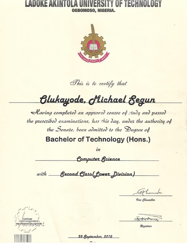 Verified degree or teaching certification of Michael  