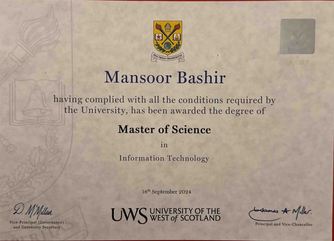 Verified degree or teaching certification of Mansoor 