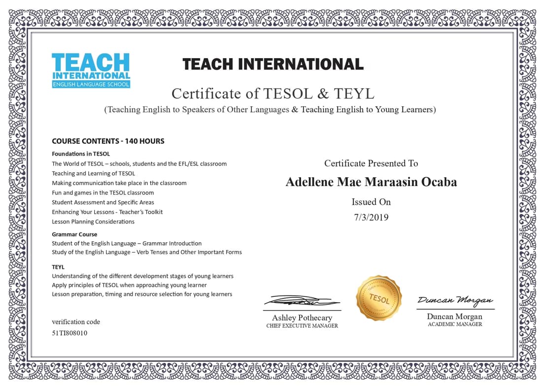 Verified degree or teaching certification of Adellene Mae 