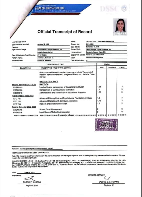 Verified degree or teaching certification of Adellene Mae 