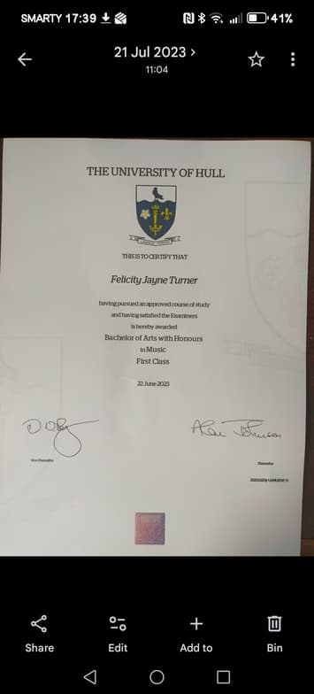 Verified degree or teaching certification of Felicity  