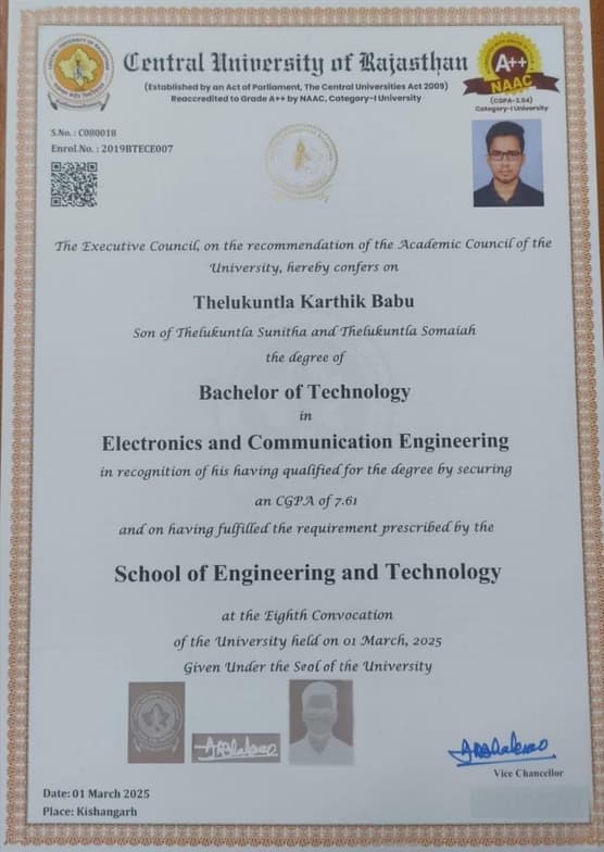 Verified degree or teaching certification of Karthik Babu 