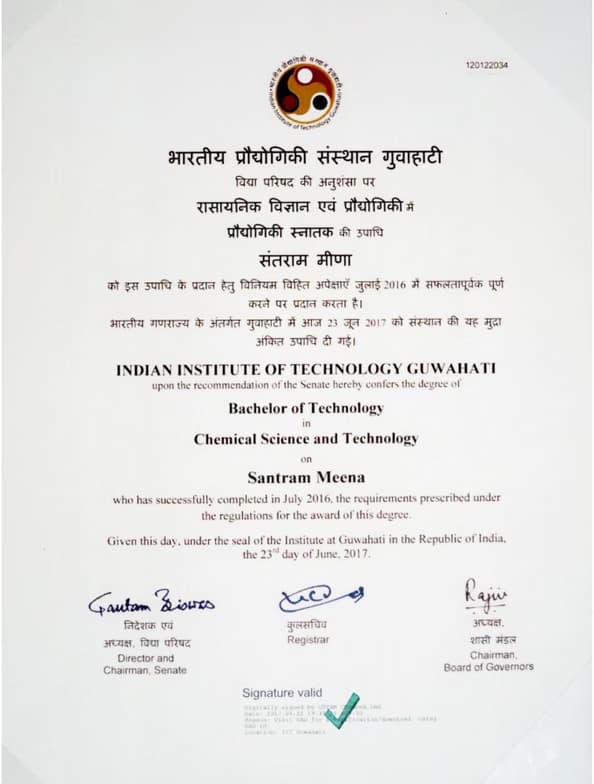 Verified degree or teaching certification of Santram 