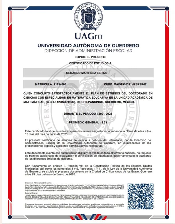 Verified degree or teaching certification of Gerardo  