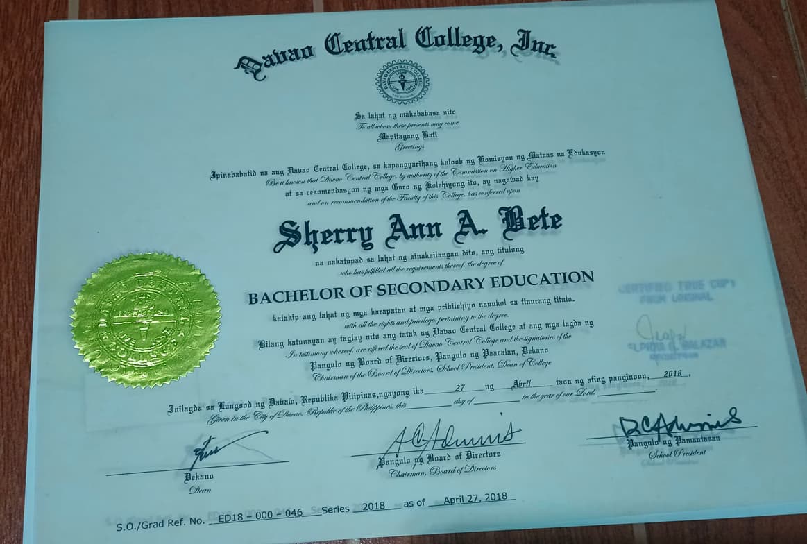 Verified degree or teaching certification of Sherry Ann  