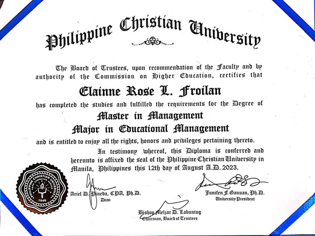 Verified degree or teaching certification of Elainne Rose 