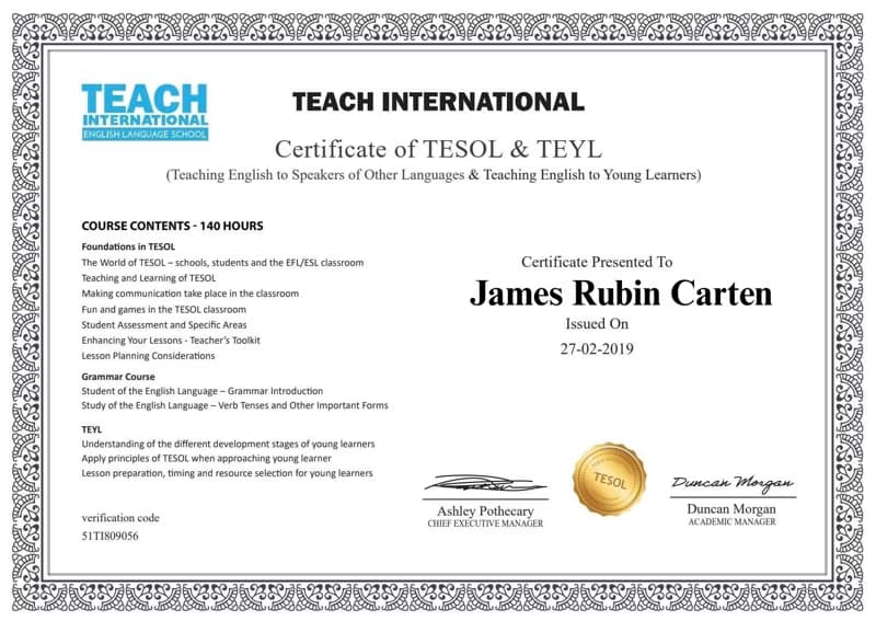 Verified degree or teaching certification of James 