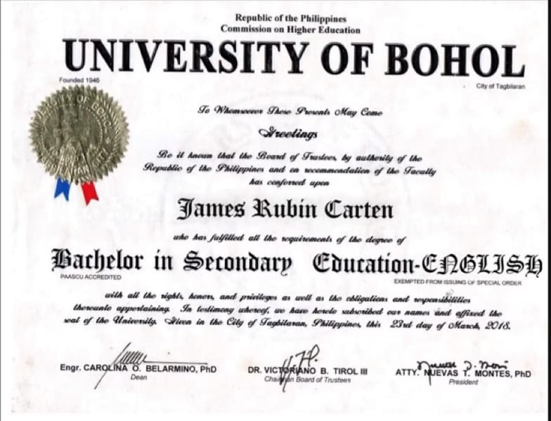 Verified degree or teaching certification of James 