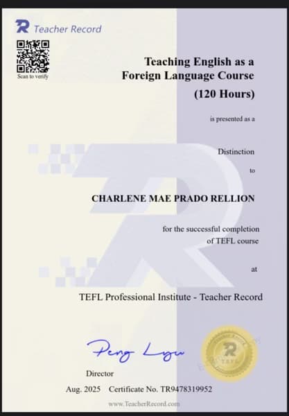 Verified degree or teaching certification of Charlene Mae 