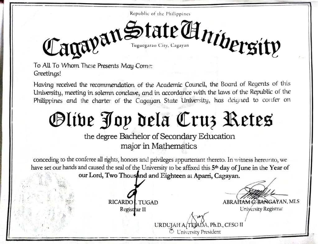 Verified degree or teaching certification of Olive Joy 