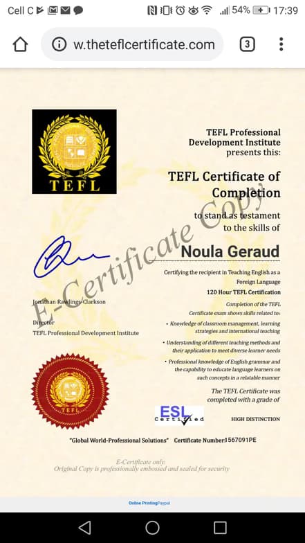 Verified degree or teaching certification of Noula 