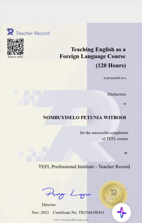 Verified degree or teaching certification of Petunia  