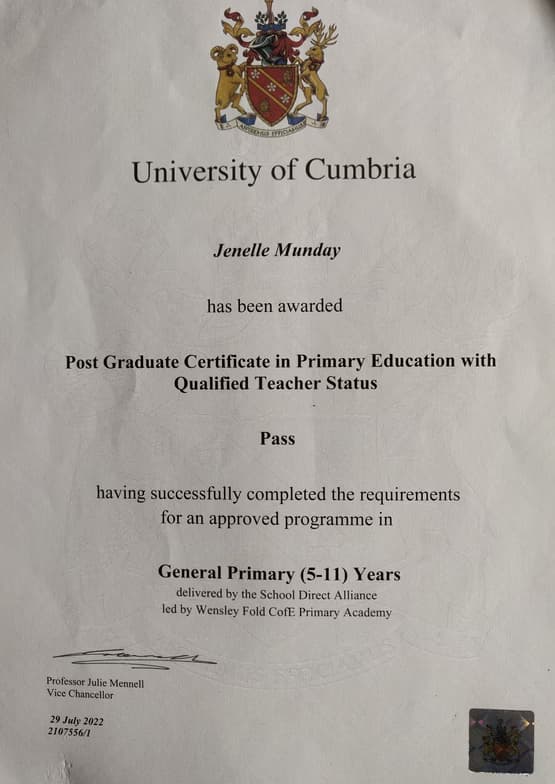 Verified degree or teaching certification of Jenelle 