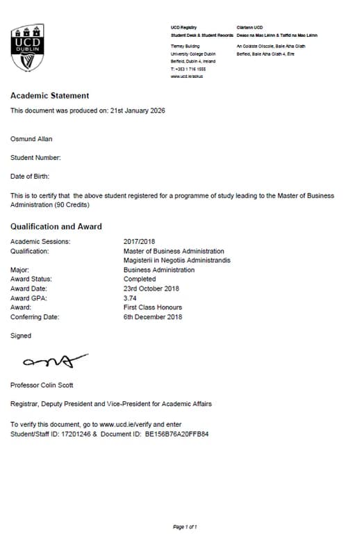 Verified degree or teaching certification of Osmund 