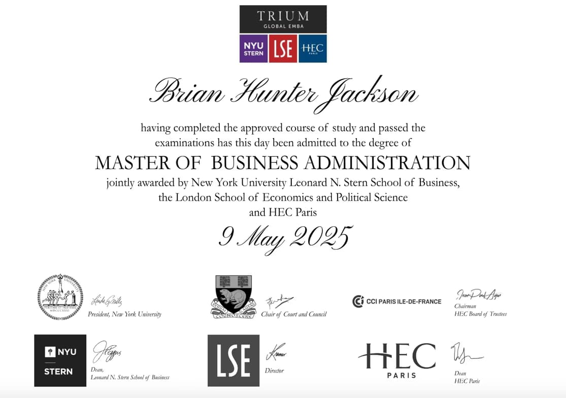 Verified degree or teaching certification of Brian 