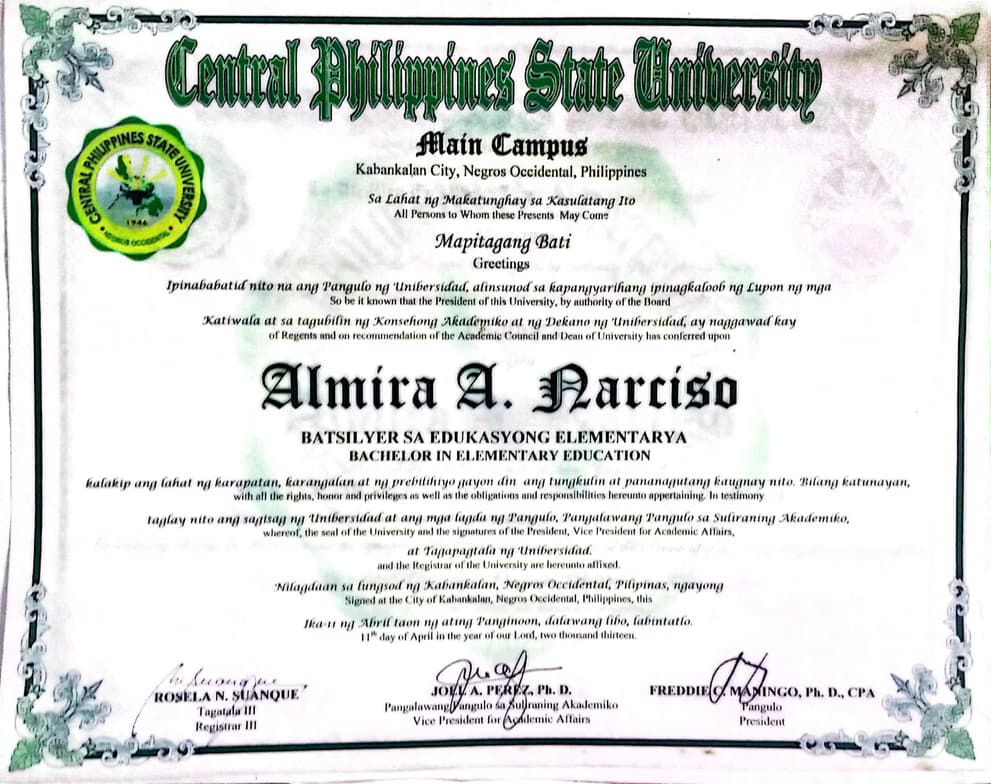 Verified degree or teaching certification of Almira 