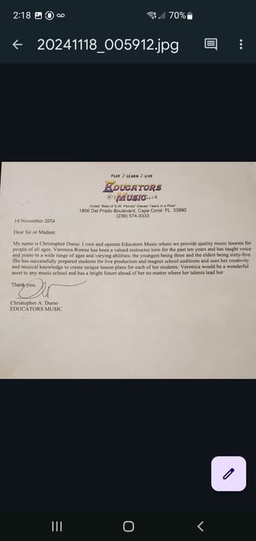 Verified degree or teaching certification of Veronica 