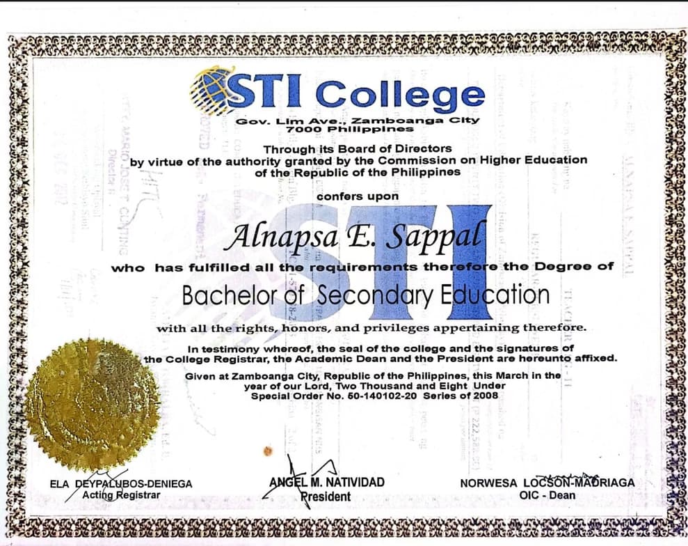 Verified degree or teaching certification of Alnapsa  