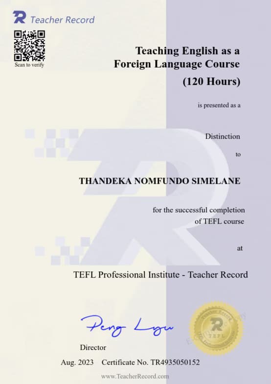 Verified degree or teaching certification of Thandeka 