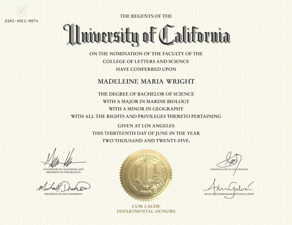 Verified degree or teaching certification of Madeleine 