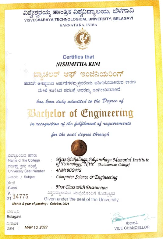 Verified degree or teaching certification of Nishmitha 
