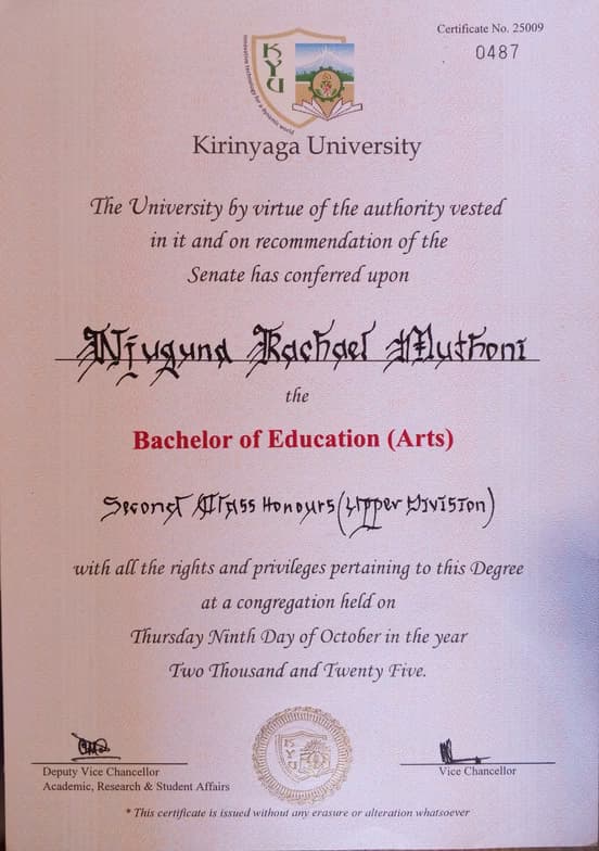 Verified degree or teaching certification of RACHAEL 