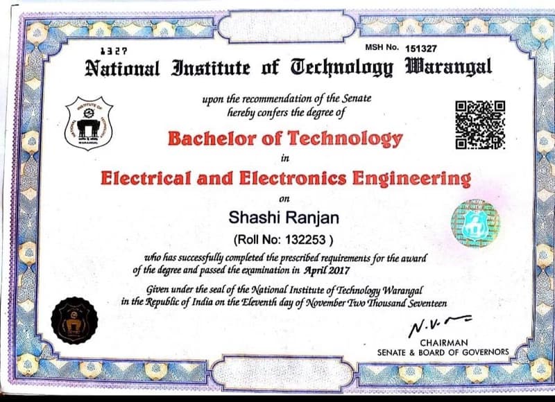 Verified degree or teaching certification of Shashi  