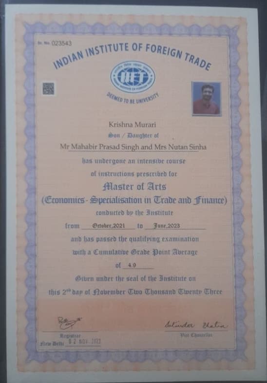 Verified degree or teaching certification of Krishna  