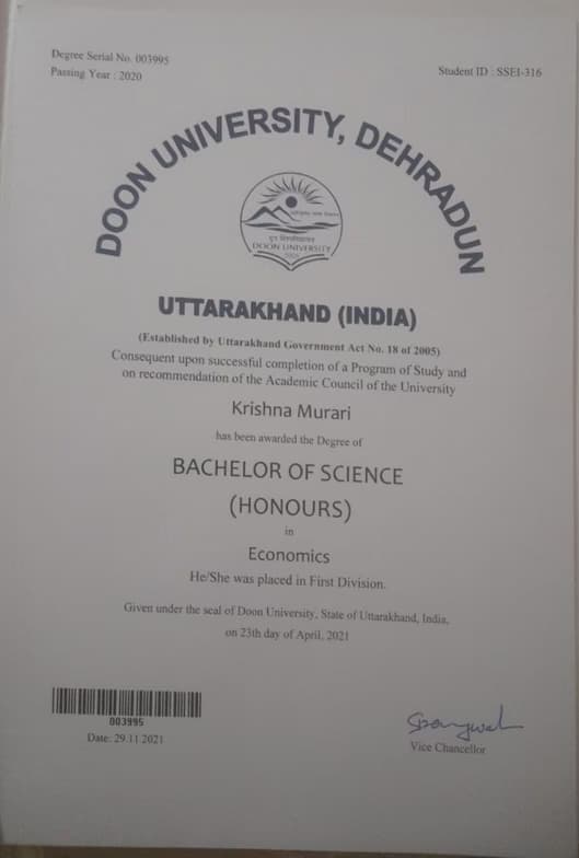 Verified degree or teaching certification of Krishna  