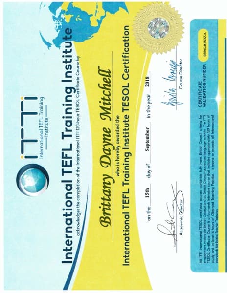 Verified degree or teaching certification of Britt 