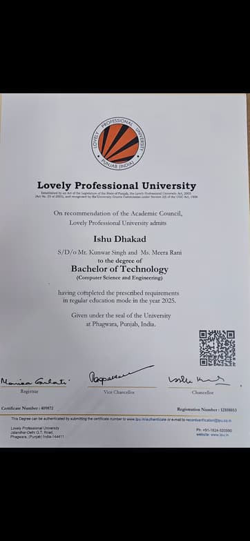 Verified degree or teaching certification of Ishu  