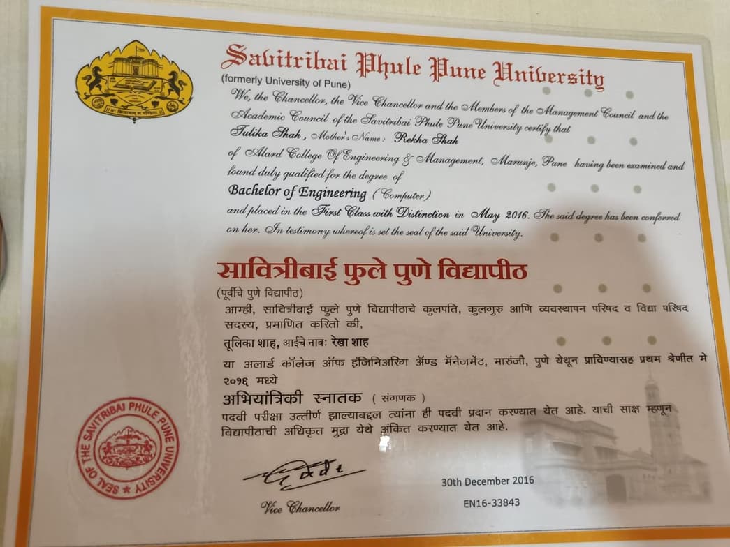 Verified degree or teaching certification of Tulika 