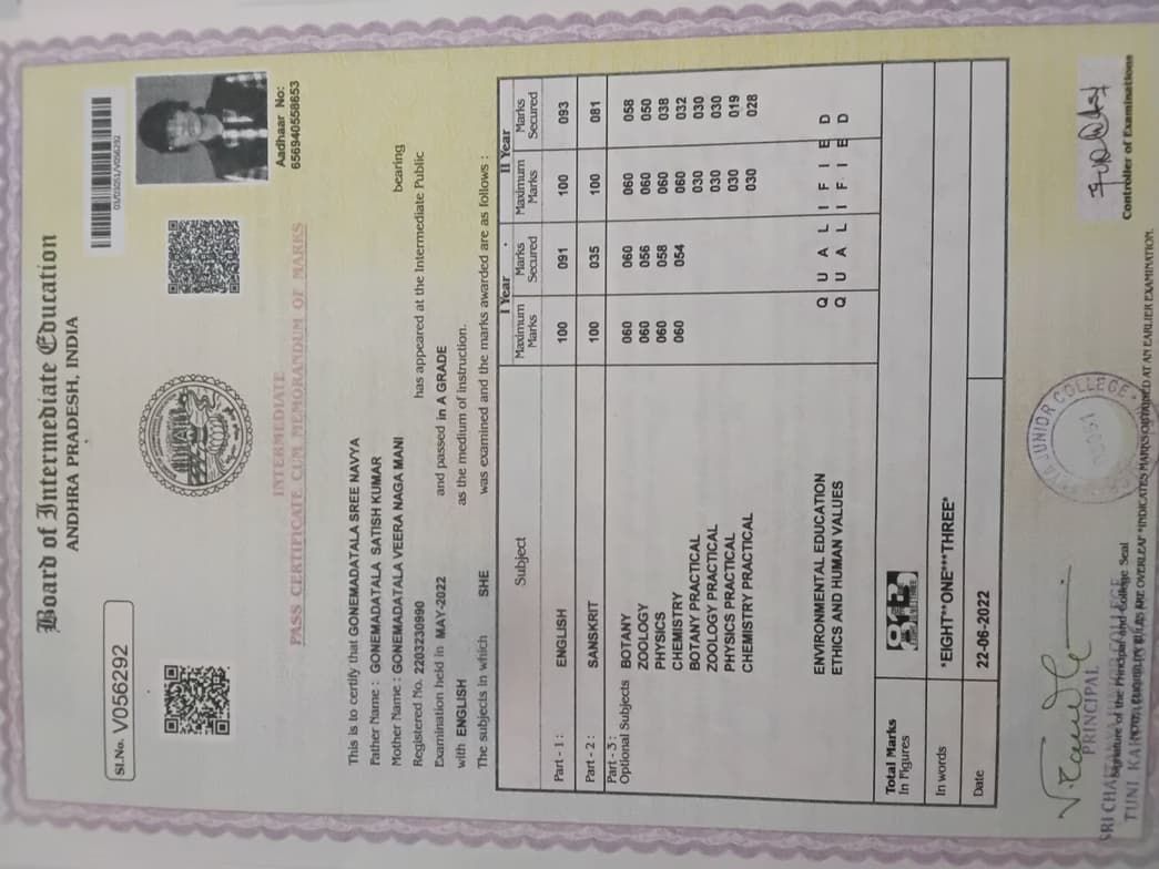 Verified degree or teaching certification of Navya 