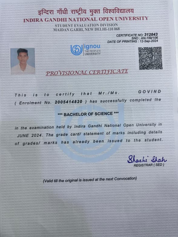 Verified degree or teaching certification of Govind 