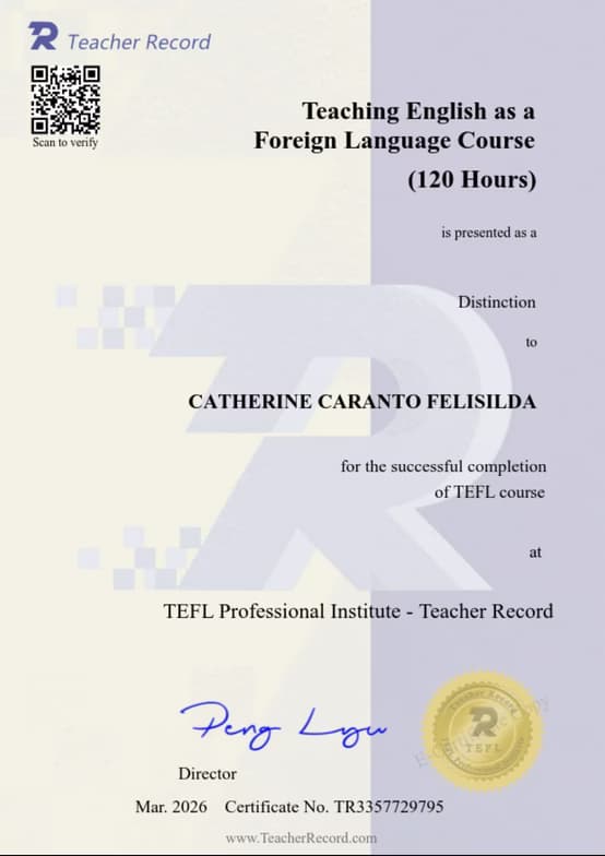 Verified degree or teaching certification of Catherine 
