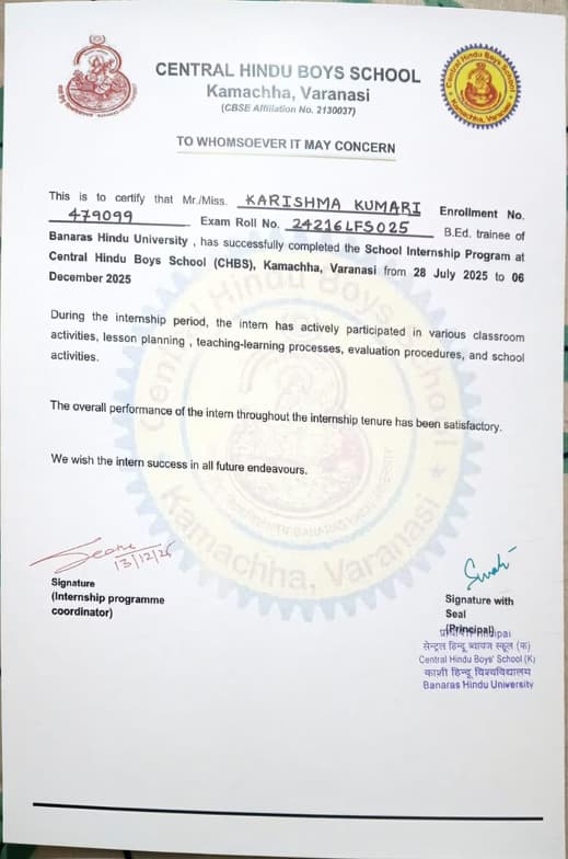 Verified degree or teaching certification of KARISHMA  