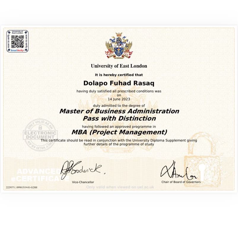 Verified degree or teaching certification of Dolapo 