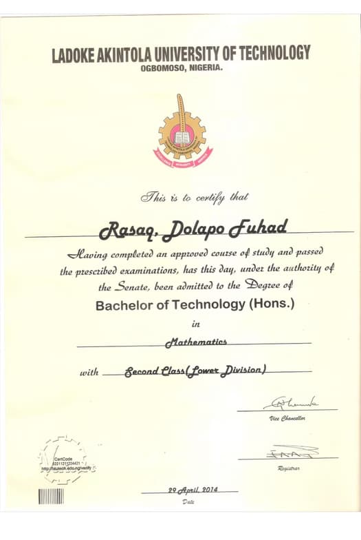 Verified degree or teaching certification of Dolapo 