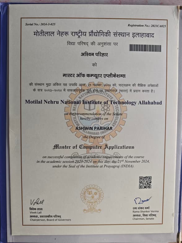 Verified degree or teaching certification of Ashwin  