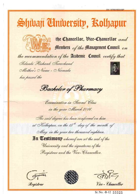 Verified degree or teaching certification of Rishank 