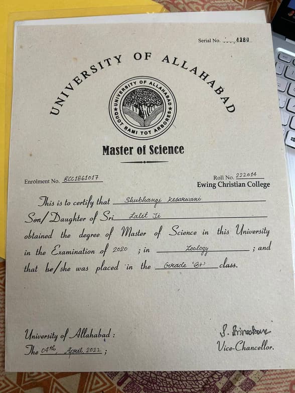 Verified degree or teaching certification of Shubhangi 