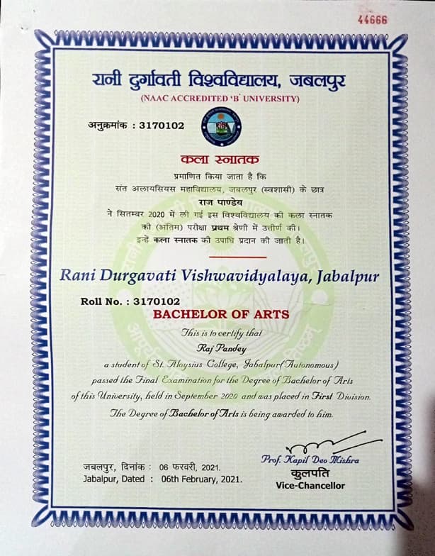 Verified degree or teaching certification of Raj 