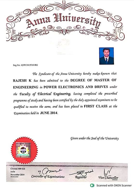 Verified degree or teaching certification of Rajesh  