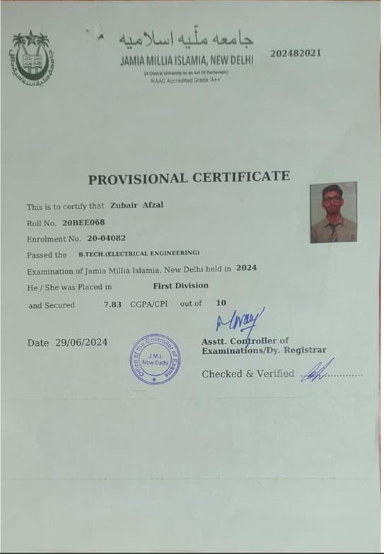 Verified degree or teaching certification of Zubair 