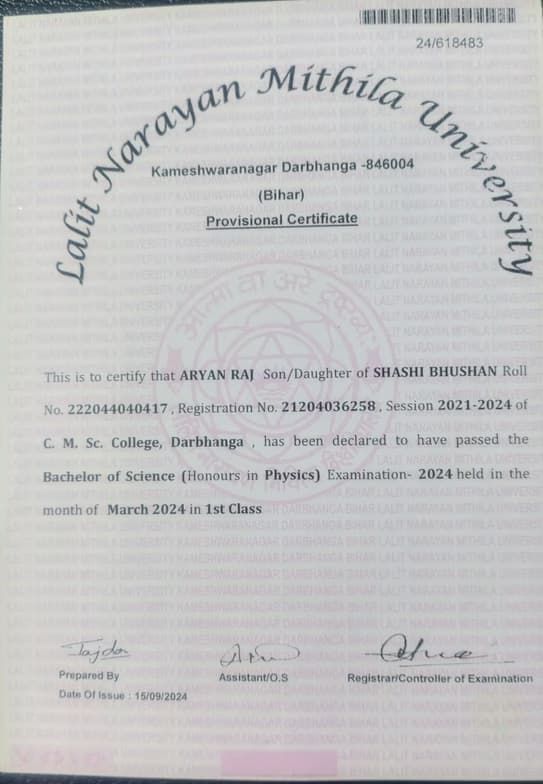 Verified degree or teaching certification of Aryan 